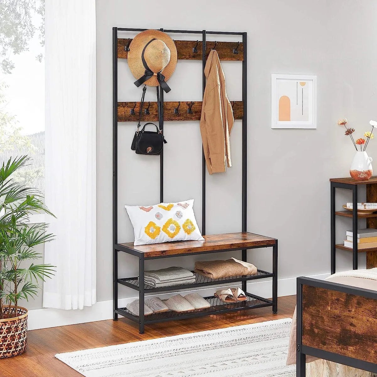 FurnStar - Kapstok met schoenenrek - Garderobe in industriële stijl - Bankje - Haken - Schoenenrek - Robuust metalen frame - 100x40x184 cm - Zwart-bruin