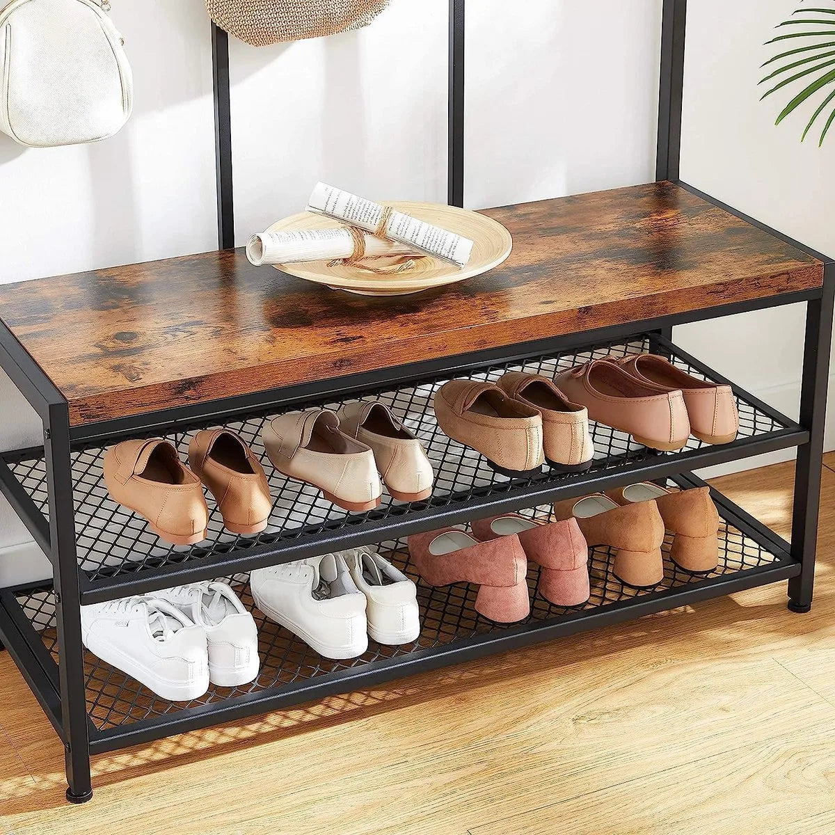 FurnStar - Kapstok met schoenenrek - Garderobe in industriële stijl - Bankje - Haken - Schoenenrek - Robuust metalen frame - 100x40x184 cm - Zwart-bruin