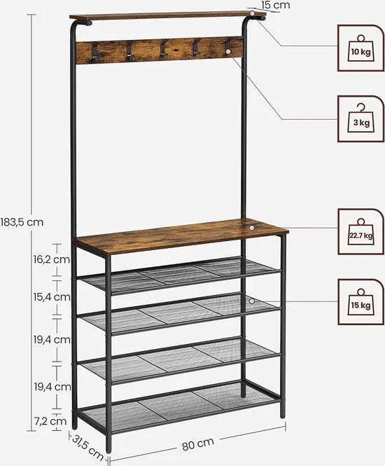 FurnStar - Kapstok met schoenenrek - Garderobe in industriële stijl - Bankje - Haken - Schoenenrek - Robuust metalen frame - 80×32.2×182cm - Bruin