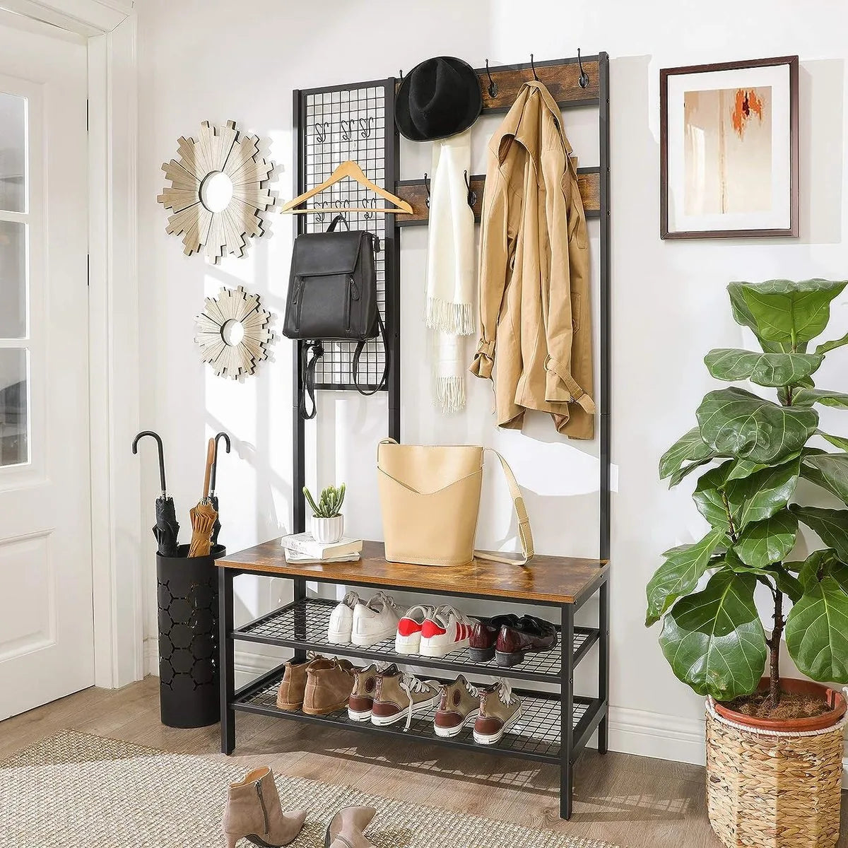 FurnStar - Kapstok met schoenenrek - Garderobe in industriële stijl - Bankje - Haken - Schoenenrek - Robuust metalen frame -97.7x40x185 cm - Bruin