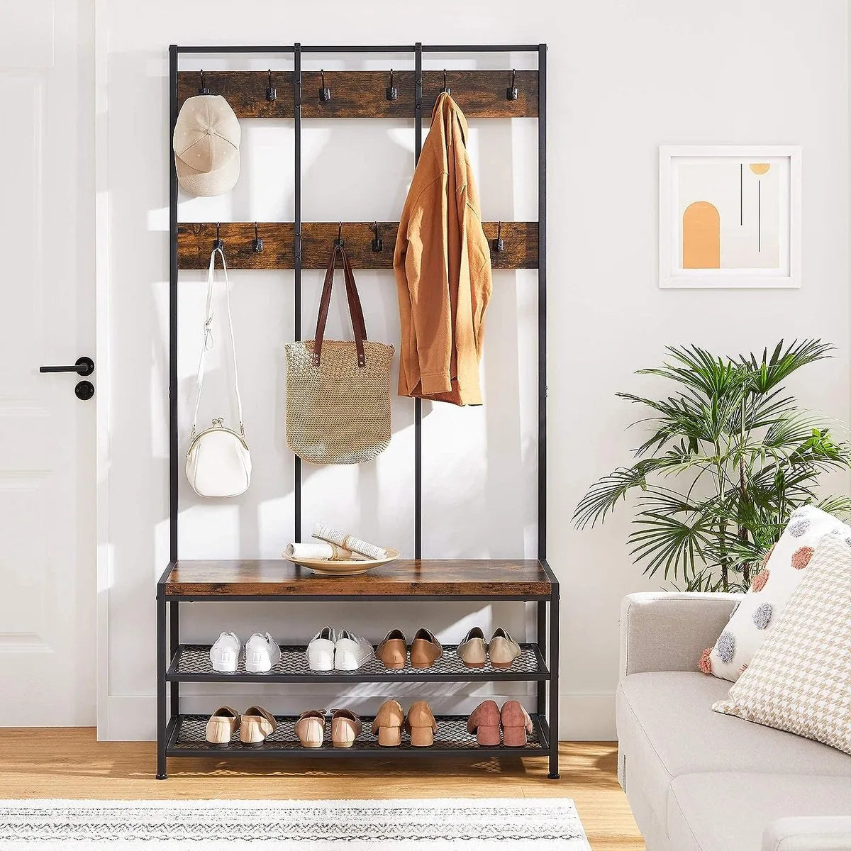 FurnStar - Kapstok met schoenenrek - Garderobe in industriële stijl - Bankje - Haken - Schoenenrek - Robuust metalen frame - 100x40x184 cm - Zwart-bruin