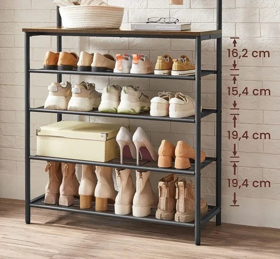 FurnStar - Kapstok met schoenenrek - Garderobe in industriële stijl - Bankje - Haken - Schoenenrek - Robuust metalen frame - 80×32.2×182cm - Bruin