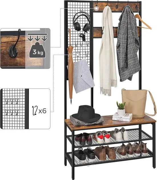 FurnStar - Kapstok met schoenenrek - Garderobe in industriële stijl - Bankje - Haken - Schoenenrek - Robuust metalen frame -97.7x40x185 cm - Bruin