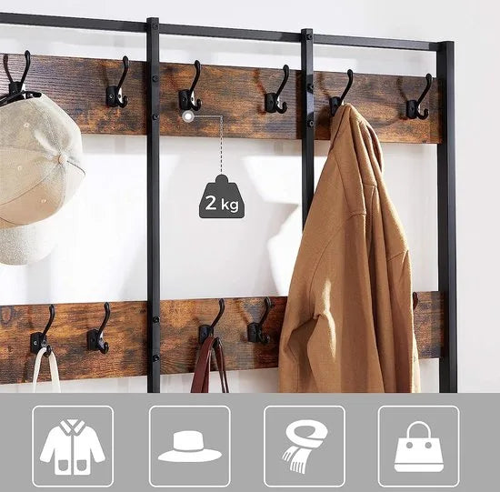 FurnStar - Kapstok met schoenenrek - Garderobe in industriële stijl - Bankje - Haken - Schoenenrek - Robuust metalen frame - 100x40x184 cm - Zwart-bruin