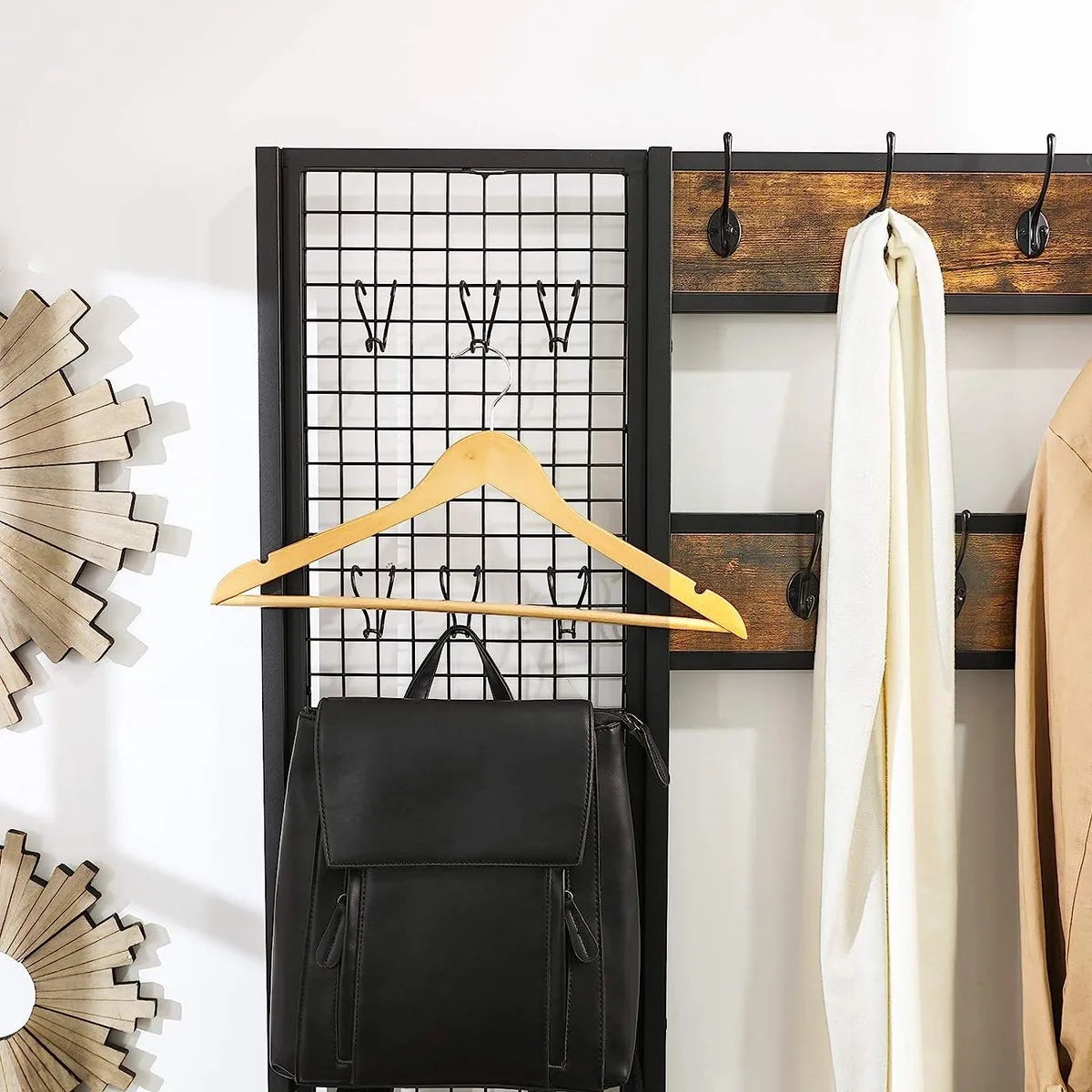 FurnStar - Kapstok met schoenenrek - Garderobe in industriële stijl - Bankje - Haken - Schoenenrek - Robuust metalen frame -97.7x40x185 cm - Bruin
