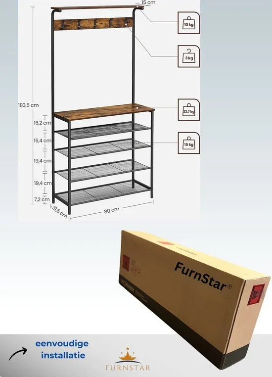 FurnStar - Kapstok met schoenenrek - Garderobe in industriële stijl - Bankje - Haken - Schoenenrek - Robuust metalen frame - 80×32.2×182cm - Bruin
