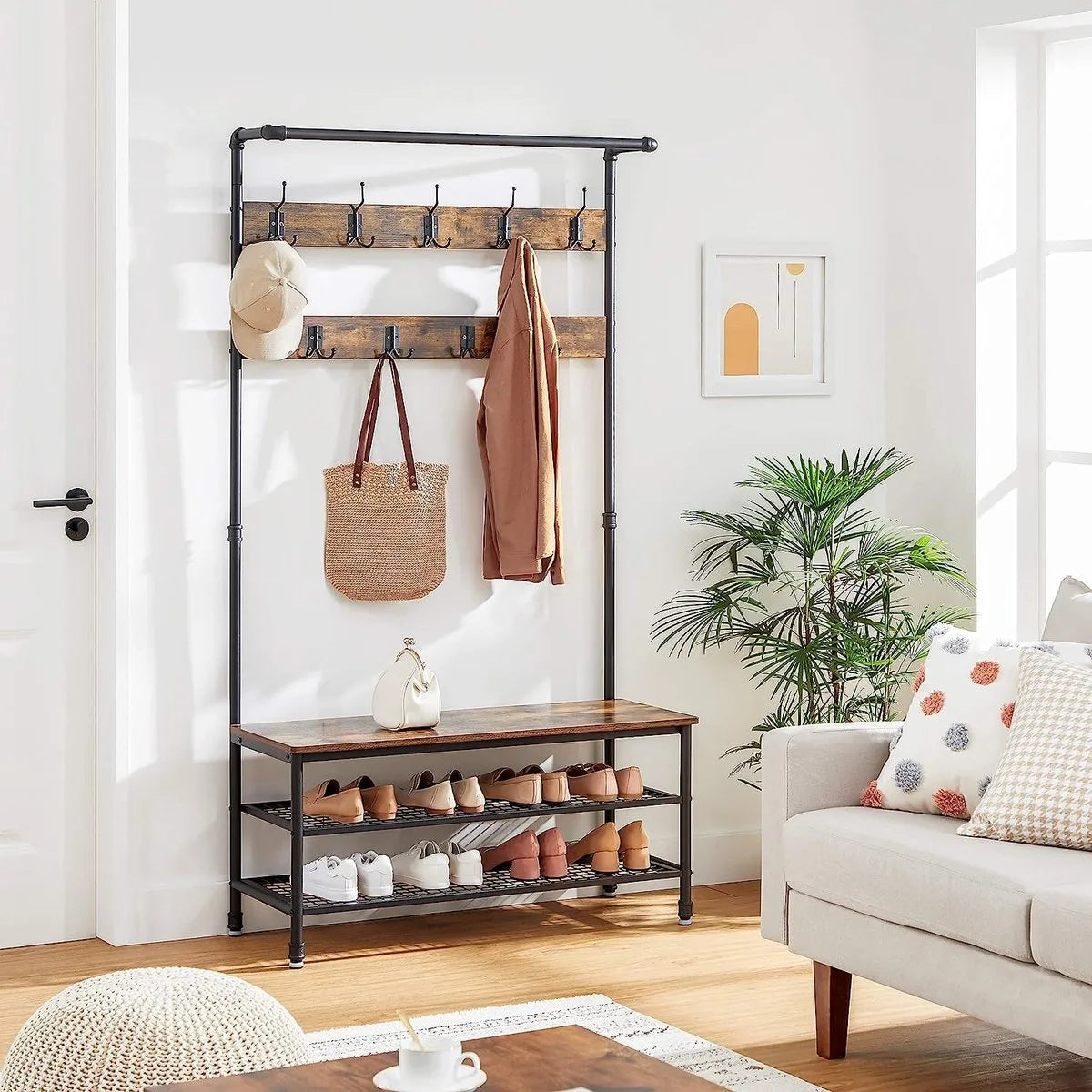 FurnStar - Kapstok met schoenenrek - Garderobe in industriële stijl - Bankje - 9 haken - Schoenenrek - Robuust metalen frame - 97 x 41.5 x 182 cm - Bruin-zwart