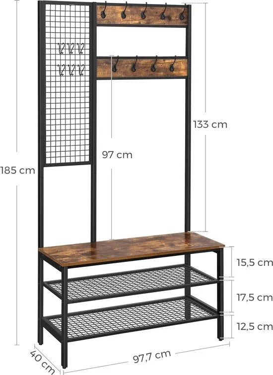 FurnStar - Kapstok met schoenenrek - Garderobe in industriële stijl - Bankje - Haken - Schoenenrek - Robuust metalen frame -97.7x40x185 cm - Bruin