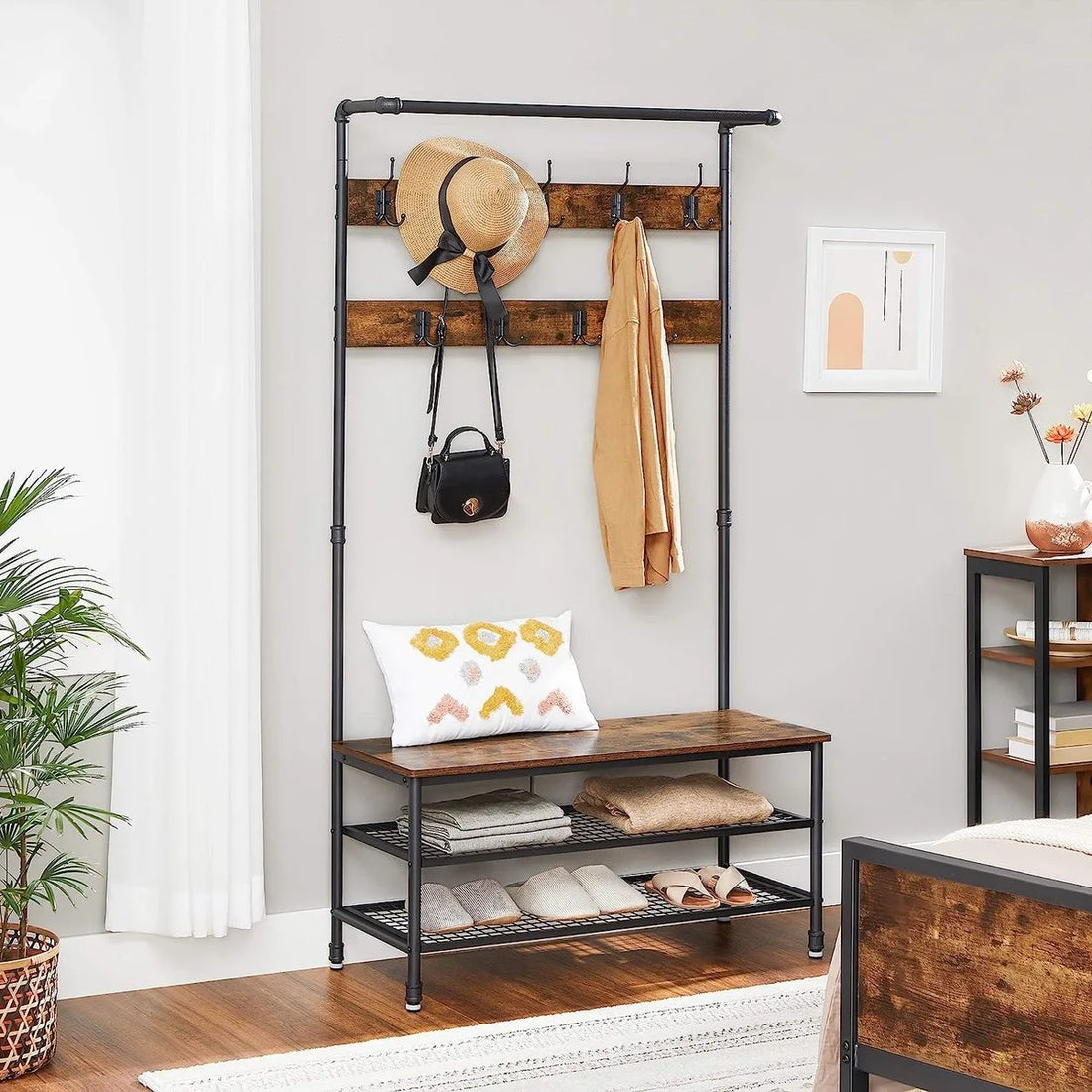 FurnStar - Kapstok met schoenenrek - Garderobe in industriële stijl - Bankje - 9 haken - Schoenenrek - Robuust metalen frame - 97 x 41.5 x 182 cm - Bruin-zwart