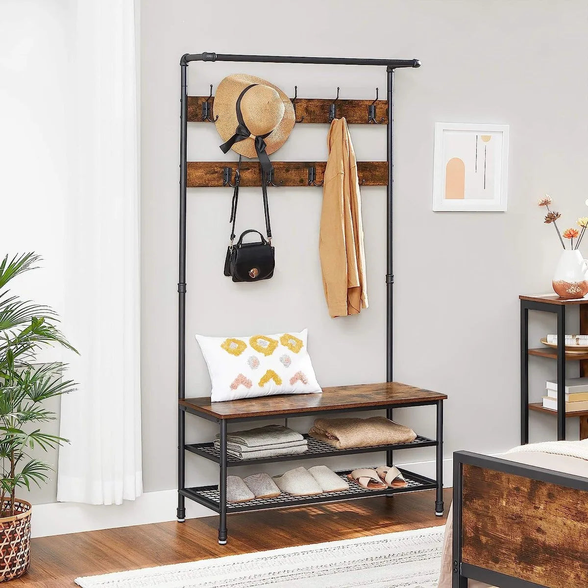 FurnStar - Kapstok met schoenenrek - Garderobe in industriële stijl - Bankje - 9 haken - Schoenenrek - Robuust metalen frame - 97 x 41.5 x 182 cm - Bruin-zwart