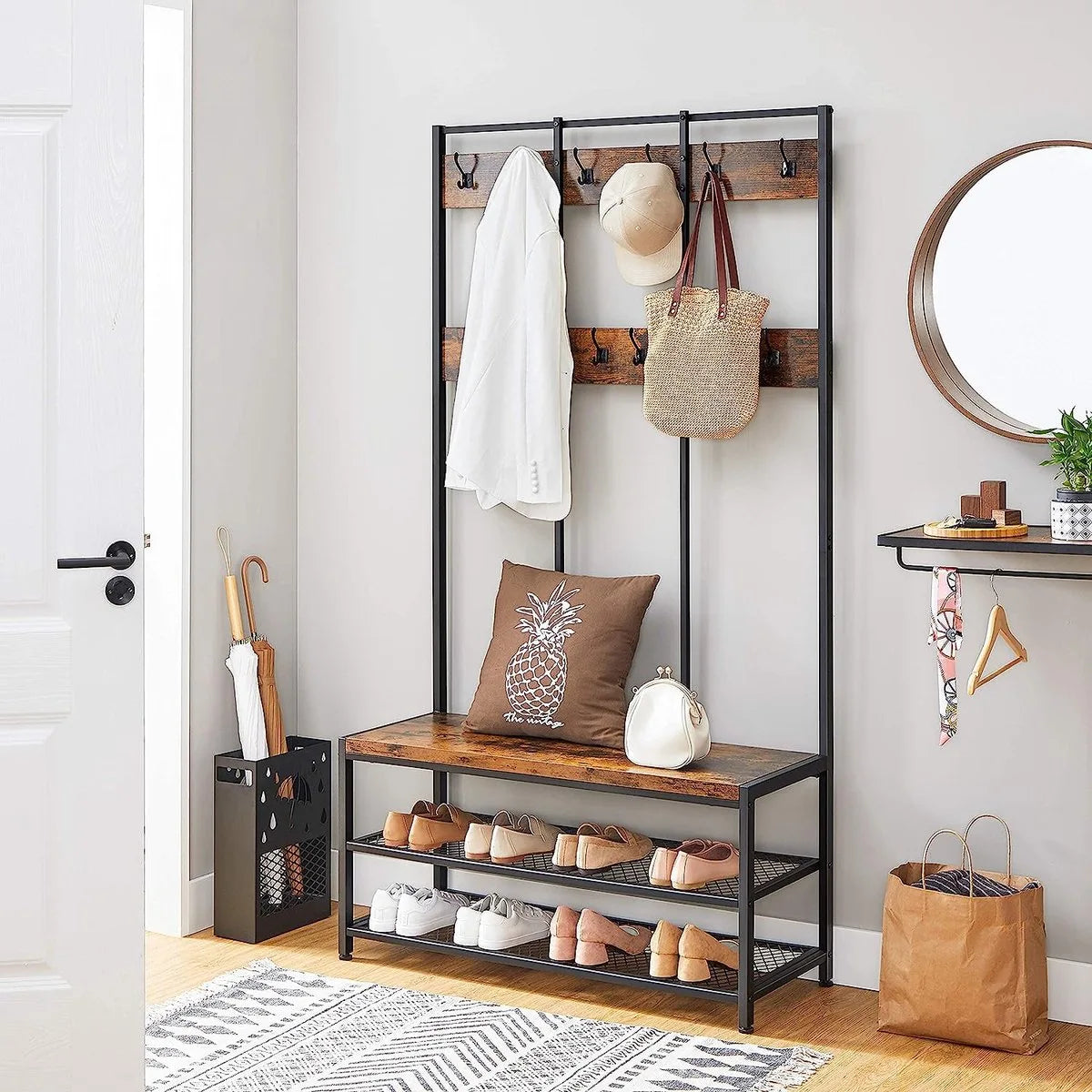 FurnStar - Kapstok met schoenenrek - Garderobe in industriële stijl - Bankje - Haken - Schoenenrek - Robuust metalen frame - 100x40x184 cm - Zwart-bruin