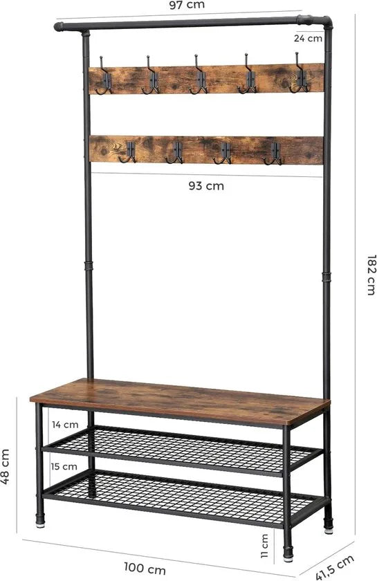 FurnStar - Kapstok met schoenenrek - Garderobe in industriële stijl - Bankje - 9 haken - Schoenenrek - Robuust metalen frame - 97 x 41.5 x 182 cm - Bruin-zwart