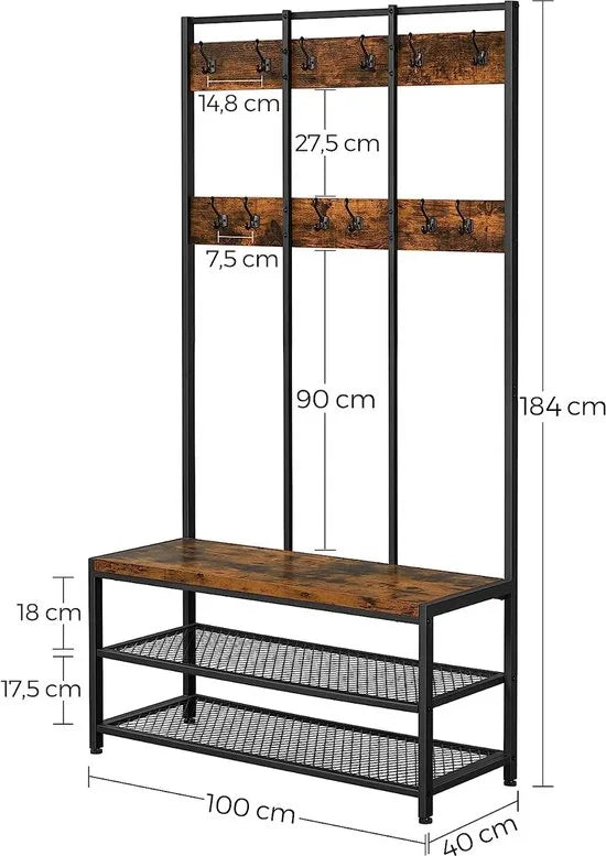 FurnStar - Kapstok met schoenenrek - Garderobe in industriële stijl - Bankje - Haken - Schoenenrek - Robuust metalen frame - 100x40x184 cm - Zwart-bruin