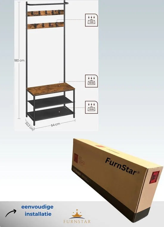 FurnStar - Kapstok met schoenenrek - Halboom - Kledingrek voor gang met schoenenbank en schoenenrek - 9 beweegbare haken Topbar Slaapkamerindustrie - Rustiek bruin en zwart