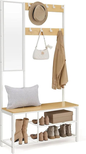 FurnStar – Kapstok met spiegel – Halmeubel met haken - Schoenenbank en planken – Industriële stijl – 36 x 98 x 185 cm – Eiken-Wit