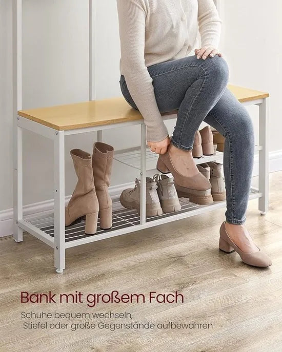 FurnStar – Kapstok met spiegel – Halmeubel met haken - Schoenenbank en planken – Industriële stijl – 36 x 98 x 185 cm – Eiken-Wit