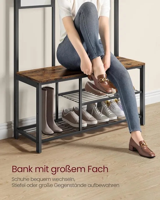 FurnStar – Kapstok met spiegel – Halmeubel met haken - Schoenenbank en planken – Industriële stijl – 36 x 98 x 185 cm – Vintage bruin/zwart