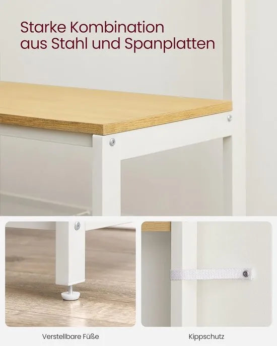 FurnStar – Kapstok met spiegel – Halmeubel met haken - Schoenenbank en planken – Industriële stijl – 36 x 98 x 185 cm – Eiken-Wit