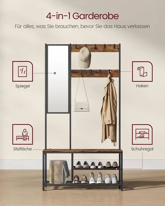 FurnStar – Kapstok met spiegel – Halmeubel met haken - Schoenenbank en planken – Industriële stijl – 36 x 98 x 185 cm – Vintage bruin/zwart