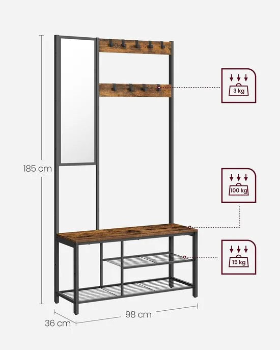 FurnStar – Kapstok met spiegel – Halmeubel met haken - Schoenenbank en planken – Industriële stijl – 36 x 98 x 185 cm – Vintage bruin/zwart