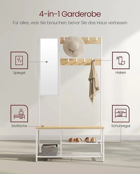 FurnStar – Kapstok met spiegel – Halmeubel met haken - Schoenenbank en planken – Industriële stijl – 36 x 98 x 185 cm – Eiken-Wit