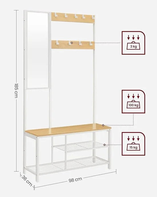 FurnStar – Kapstok met spiegel – Halmeubel met haken - Schoenenbank en planken – Industriële stijl – 36 x 98 x 185 cm – Eiken-Wit
