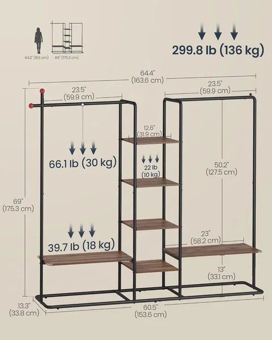 FurnStar Kapstok - Open Kledingkast - Kledingrek met 6 Planken, 2 Kledingstangen en Haken in Lucifervorm - Slaapkamer - Natuurlijke Walnootkleur + Inktzwart