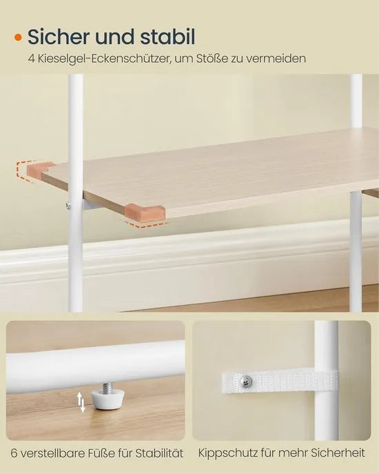 FurnStar Kapstok - Open Kledingkast - Kledingrek met 6 Planken, 2 Kledingstangen en Haken in Lucifervorm - Slaapkamer - Natuurbeige-Matwit