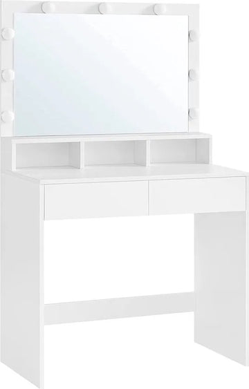 FurnStar - Kaptafel - Kaptafel - Cosmeticatafel Met 9 LED-lampen En Spiegel - Instelbare Helderheid - 2 Laden En 3 Open Vakken - Laden - Modern - Wit