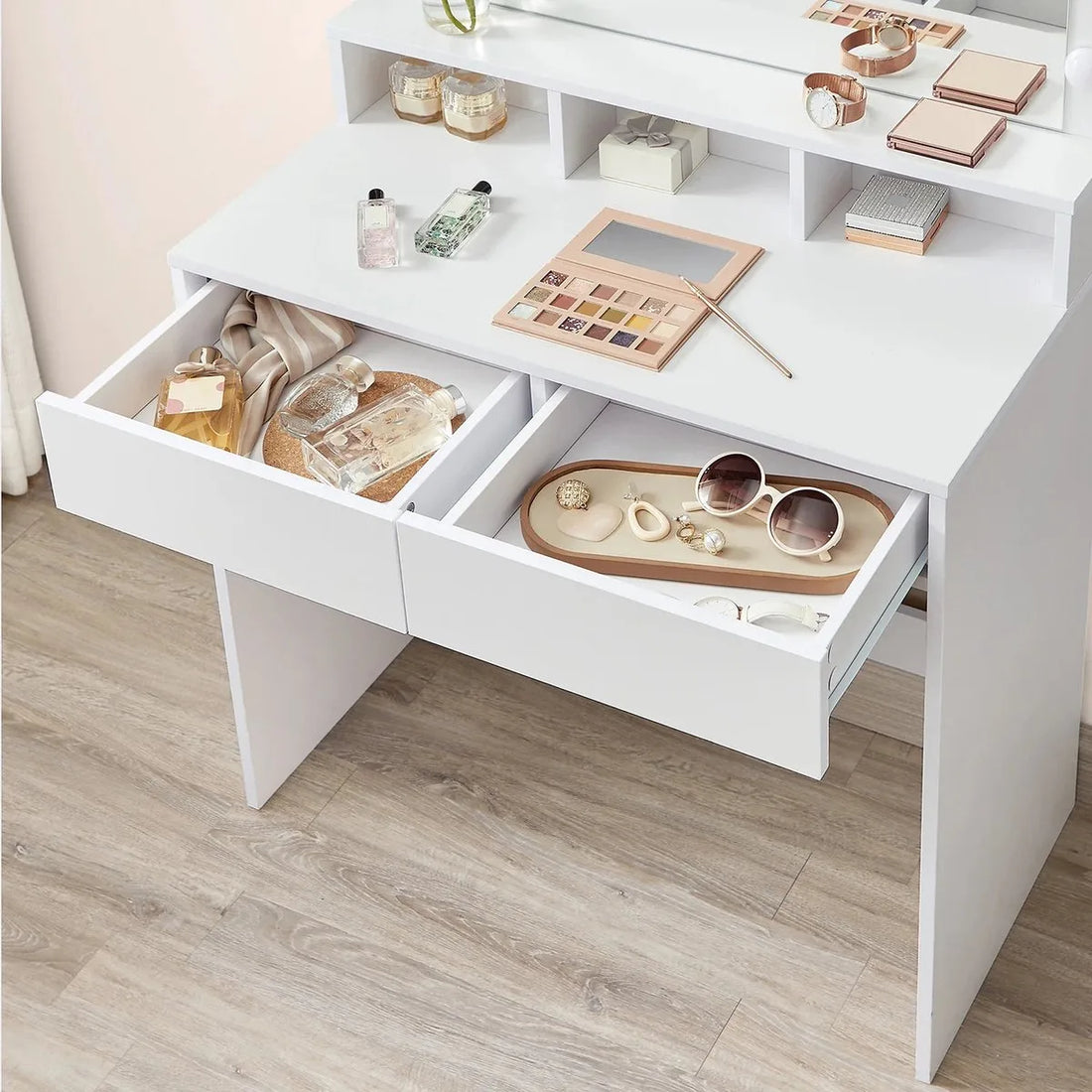 FurnStar - Kaptafel - Kaptafel - Cosmeticatafel Met 9 LED-lampen En Spiegel - Instelbare Helderheid - 2 Laden En 3 Open Vakken - Laden - Modern - Wit