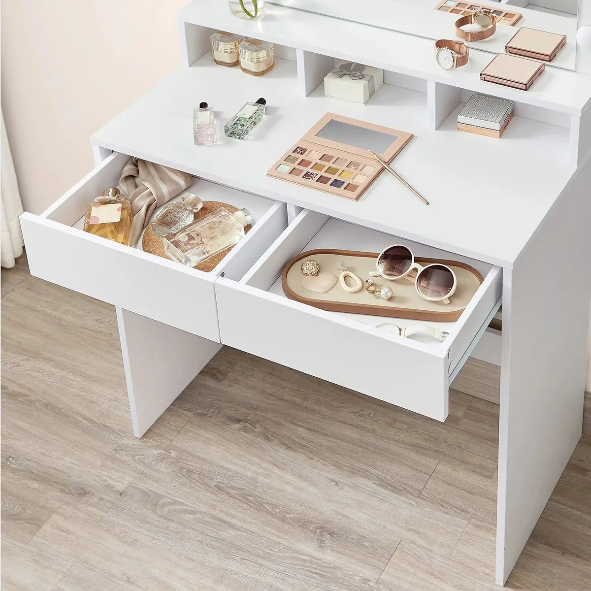 FurnStar - Kaptafel - Kaptafel - Cosmeticatafel Met 9 LED-lampen En Spiegel - Instelbare Helderheid - 2 Laden En 3 Open Vakken - Laden - Modern - Wit