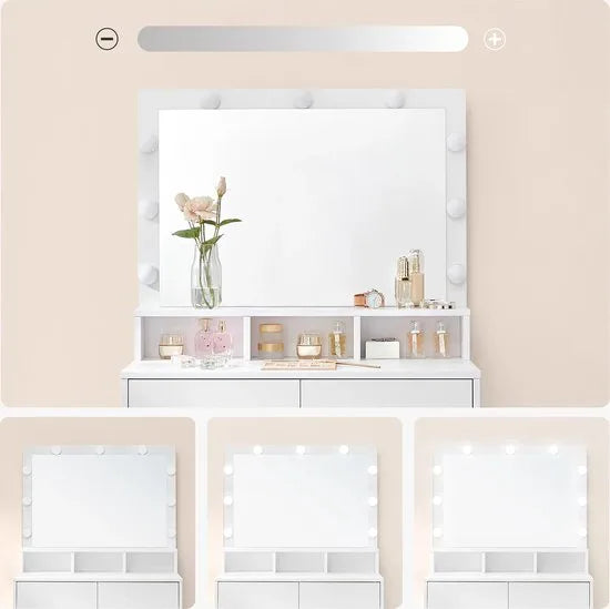 FurnStar - Kaptafel - Kaptafel - Cosmeticatafel Met 9 LED-lampen En Spiegel - Instelbare Helderheid - 2 Laden En 3 Open Vakken - Laden - Modern - Wit