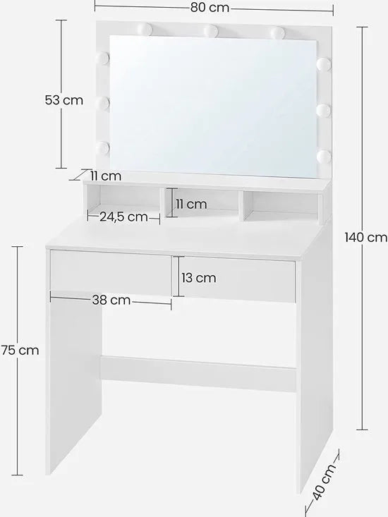 FurnStar - Kaptafel - Kaptafel - Cosmeticatafel Met 9 LED-lampen En Spiegel - Instelbare Helderheid - 2 Laden En 3 Open Vakken - Laden - Modern - Wit