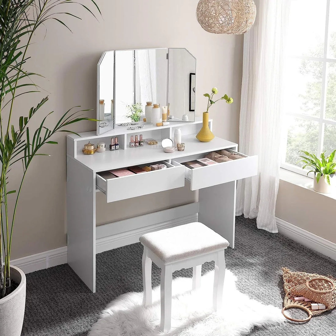FurnStar Kaptafel - Kaptafel met spiegel - 100x40x142cm - Wit