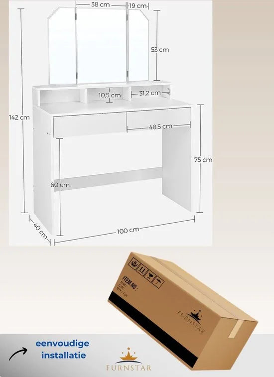 FurnStar Kaptafel - Kaptafel met spiegel - 100x40x142cm - Wit