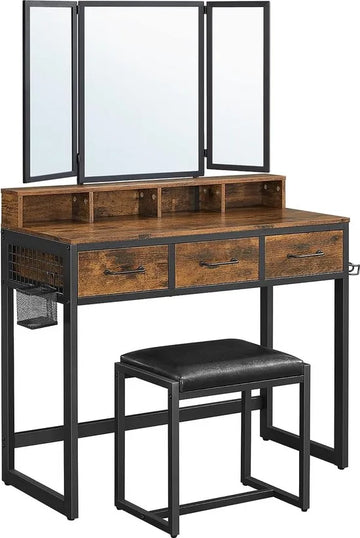 FurnStar - Kaptafel - Kaptafel met spiegel - 3 laden - Haardrogerhouder - Industriële stijl - 40 x 90 x 141 cm - Rustiek bruin-zwart