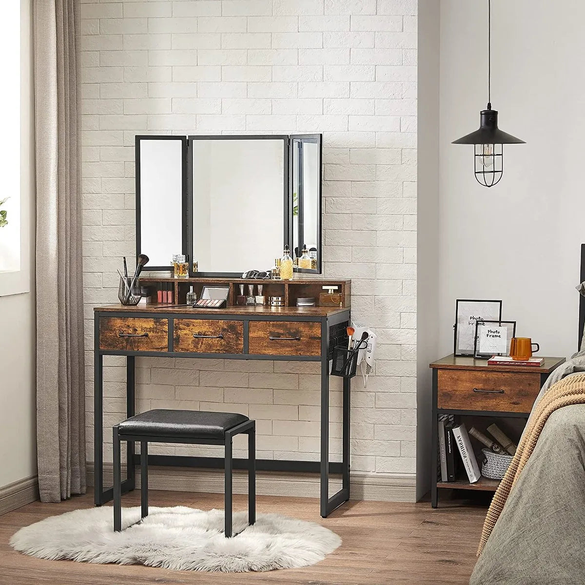 FurnStar - Kaptafel - Kaptafel met spiegel - 3 laden - Haardrogerhouder - Industriële stijl - 40 x 90 x 141 cm - Rustiek bruin-zwart