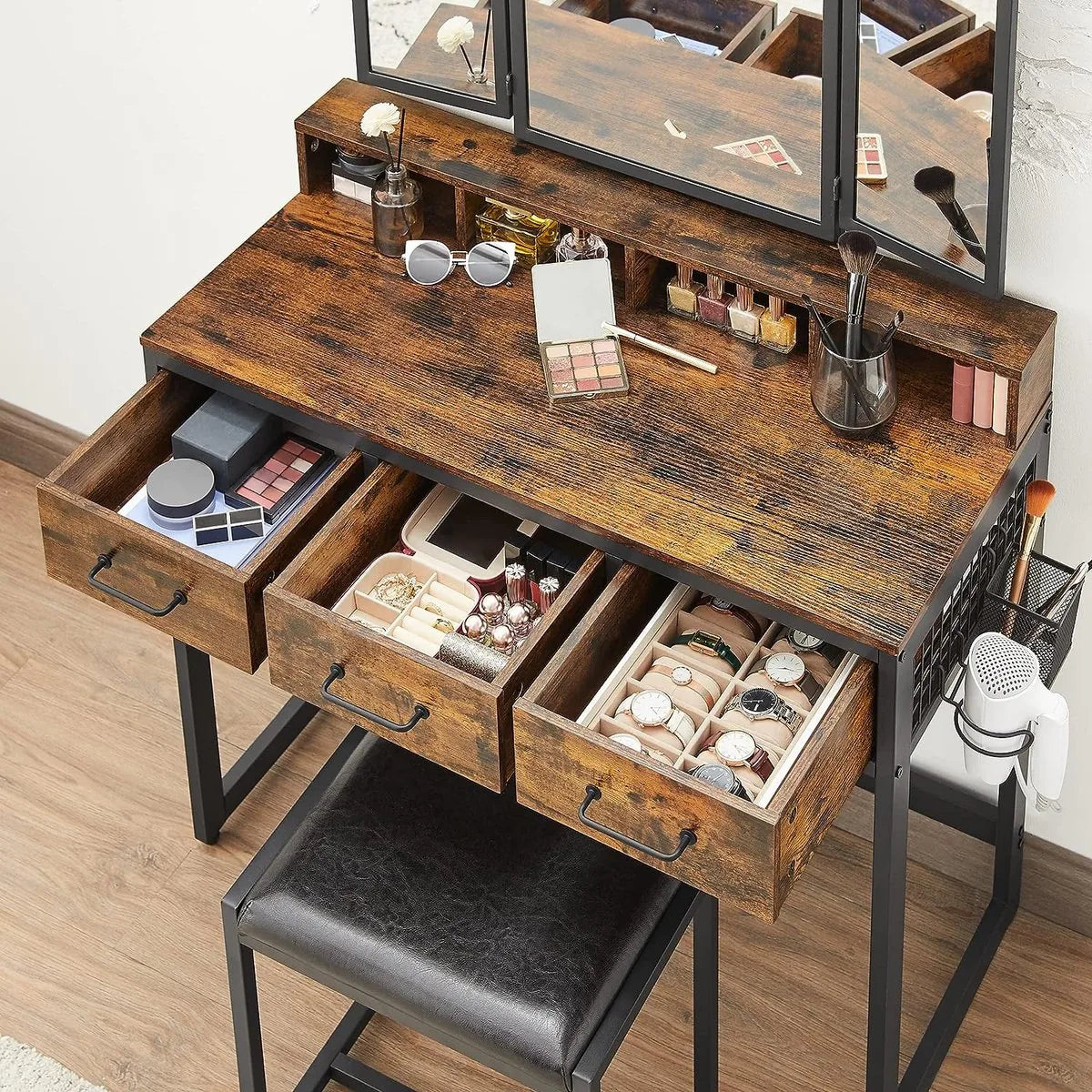 FurnStar - Kaptafel - Kaptafel met spiegel - 3 laden - Haardrogerhouder - Industriële stijl - 40 x 90 x 141 cm - Rustiek bruin-zwart