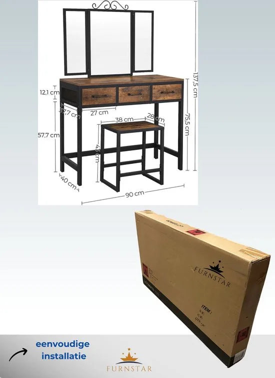 FurnStar - Kaptafel - Kaptafel met spiegel - 90x40x137.5cm - Bruin