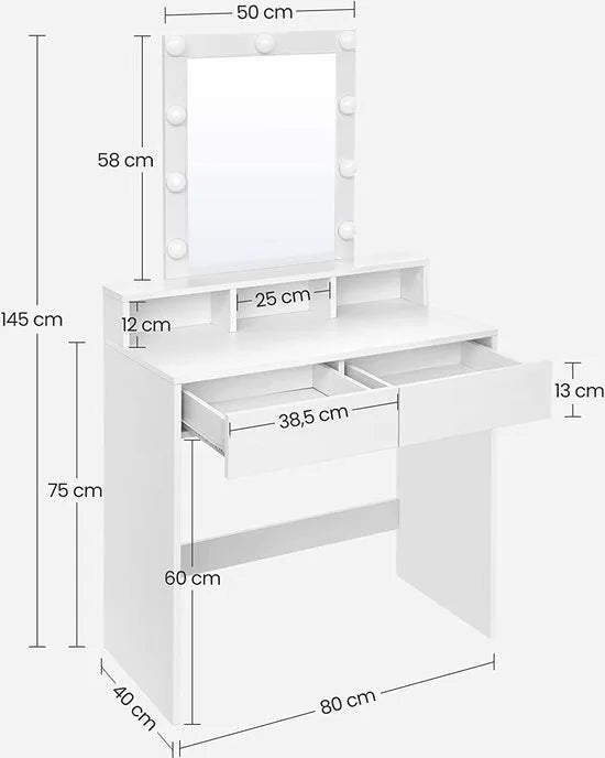 FurnStar - Kaptafel - Make Up Tafel - Spiegel en Verlichting – 2 Lades en 3 Vakken – 80 x 40 x 145 cm - Wit