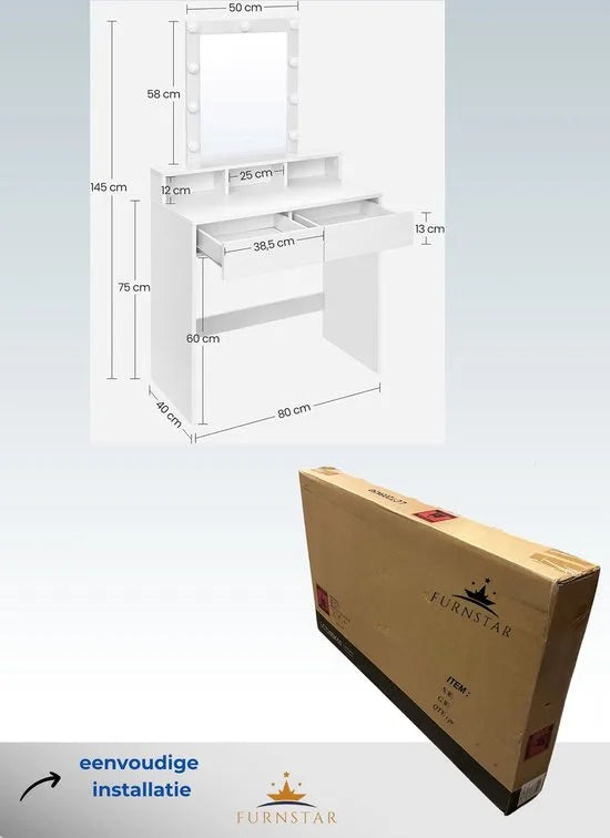 FurnStar - Kaptafel - Make Up Tafel - Spiegel en Verlichting – 2 Lades en 3 Vakken – 80 x 40 x 145 cm - Wit