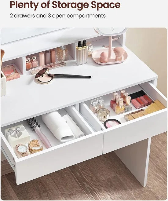 FurnStar - Kaptafel - Make Up Tafel - Spiegel en Verlichting – 2 Lades en 3 Vakken – 80 x 40 x 145 cm - Wit