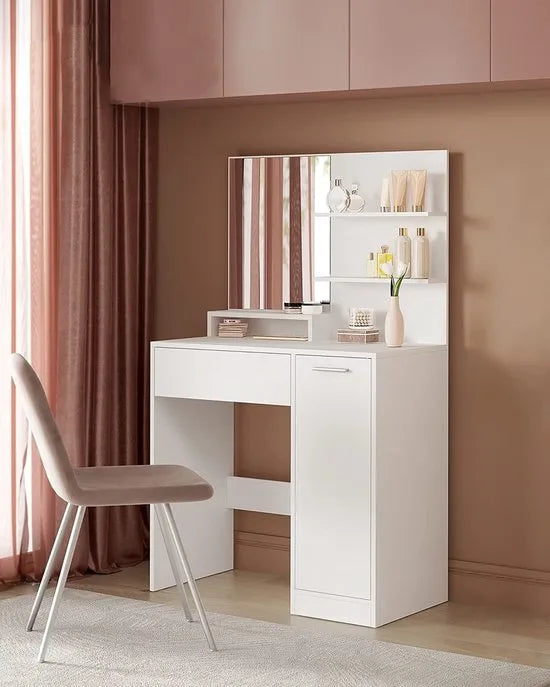FurnStar Kaptafel - Makeuptafel Met Spiegel - 2 Legplanken - Inclusief Lade En Extra Kastje - Wit