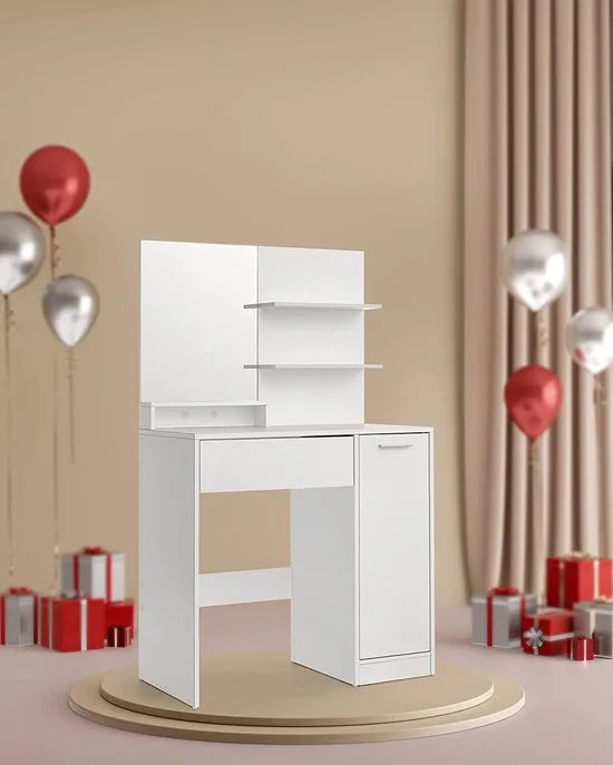 FurnStar Kaptafel - Makeuptafel Met Spiegel - 2 Legplanken - Inclusief Lade En Extra Kastje - Wit