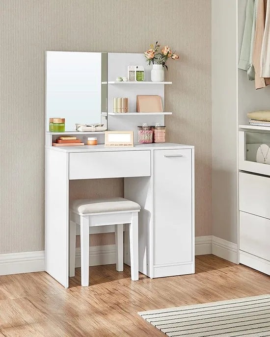 FurnStar Kaptafel - Makeuptafel Met Spiegel - 2 Legplanken - Inclusief Lade En Extra Kastje - Wit