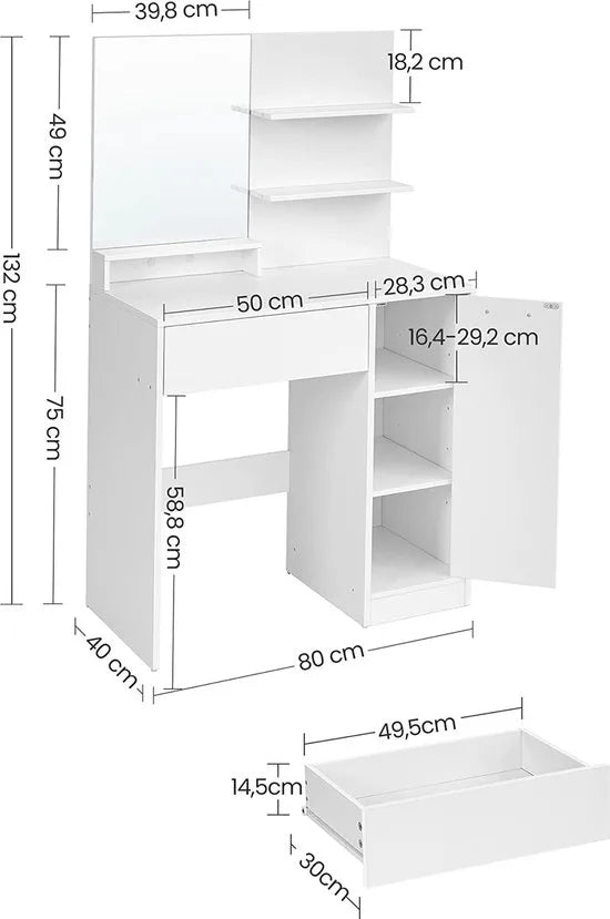 FurnStar Kaptafel - Makeuptafel Met Spiegel - 2 Legplanken - Inclusief Lade En Extra Kastje - Wit