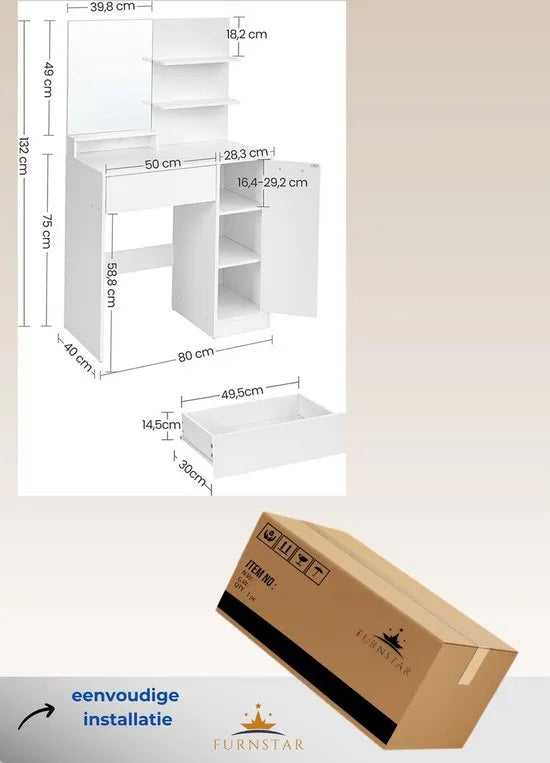 FurnStar Kaptafel - Makeuptafel Met Spiegel - 2 Legplanken - Inclusief Lade En Extra Kastje - Wit