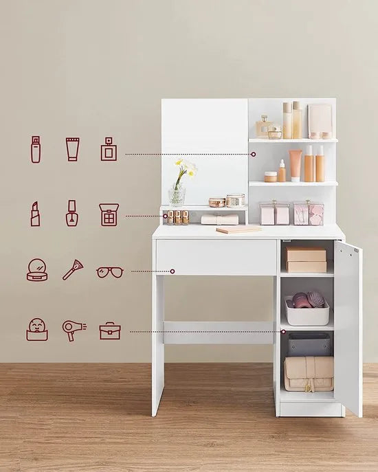 FurnStar Kaptafel - Makeuptafel Met Spiegel - 2 Legplanken - Inclusief Lade En Extra Kastje - Wit
