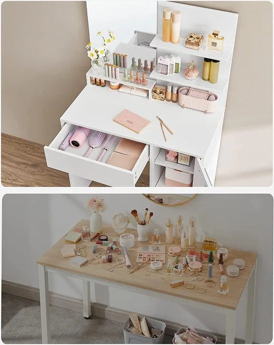 FurnStar Kaptafel - Makeuptafel Met Spiegel - 2 Legplanken - Inclusief Lade En Extra Kastje - Wit
