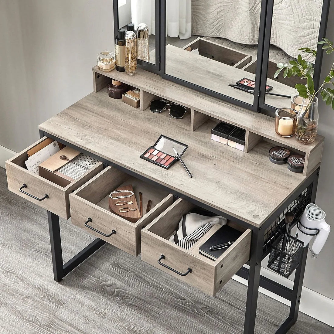 Furnstar Kaptafel met Kruk – Drievoudige Spiegel – 3 Lades – Föhnhouder – Industrieel Design – Grijs/Zwart